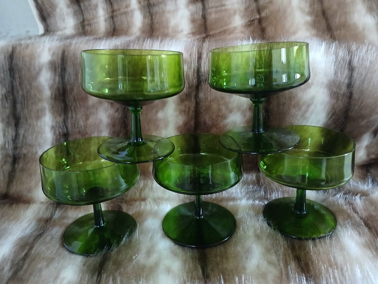 5 antique green champagne coupes