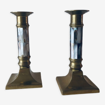 Pair of bronze and mother-of-pearl candle holders