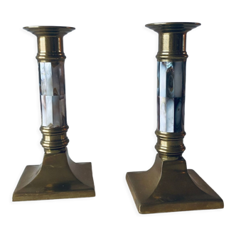 Pair of bronze and mother-of-pearl candle holders