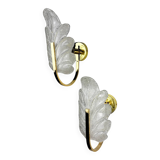 Pair of Murano frosted leaf sconces, textured glass & gilt brass, Italy, 1970