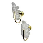 Pair of Murano frosted leaf sconces, textured glass & gilt brass, Italy, 1970