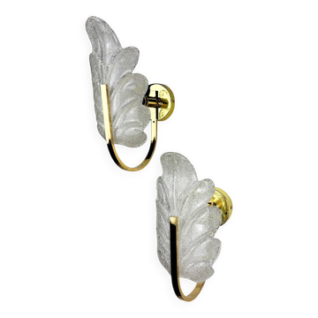 Pair of Murano frosted leaf sconces, textured glass & gilt brass, Italy, 1970