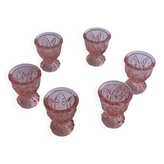 6 coquetiers en verre rose moulé vintage