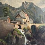 Emile godchaux (1860-1938) old painting, landscape, mountain, river