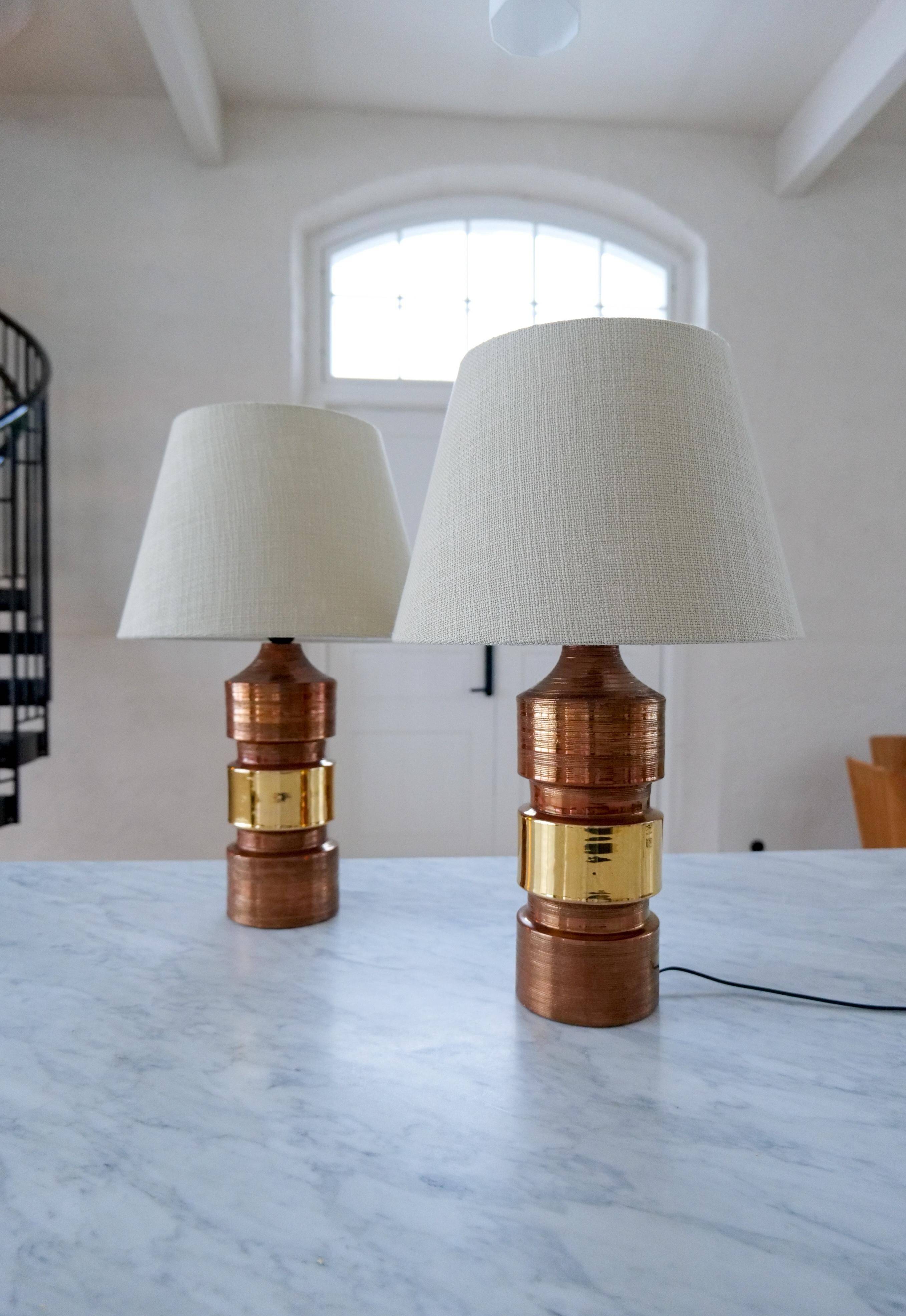 Vintage Bergboms Bitossi table lamps, ceramic with copper glaze, Sweden 1960s.
