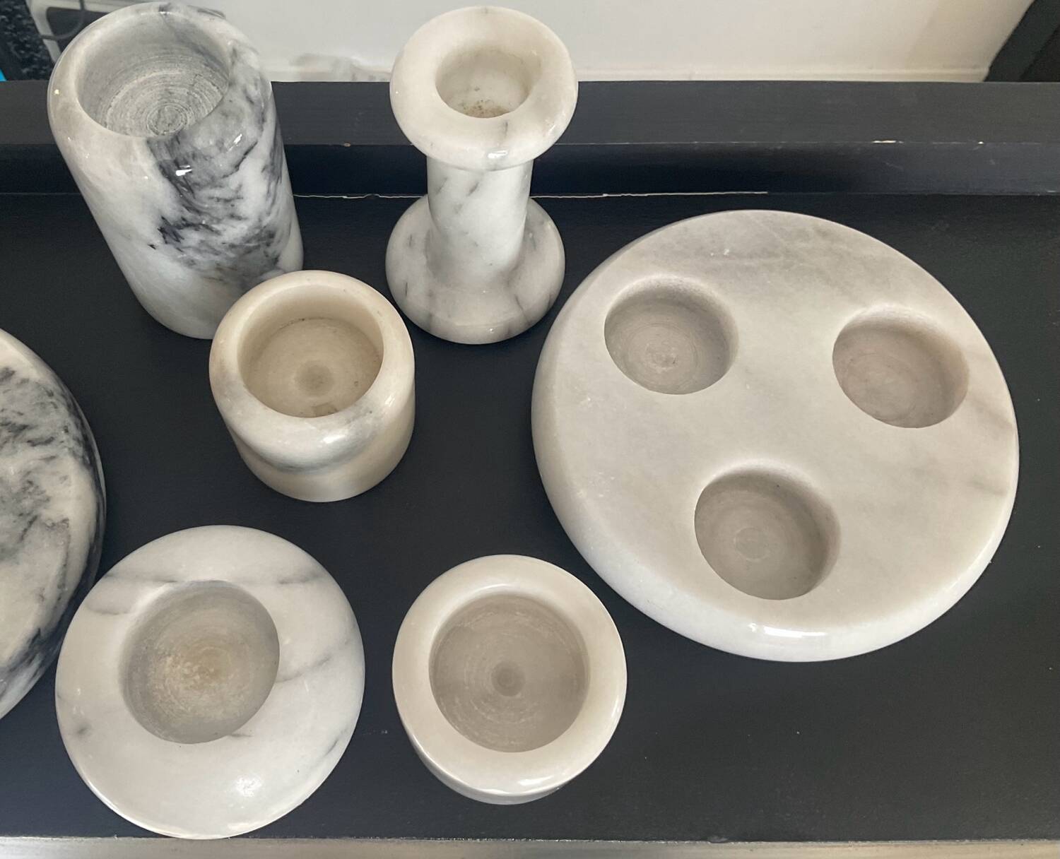 Series of 7 vintage Carrara marble candlesticks