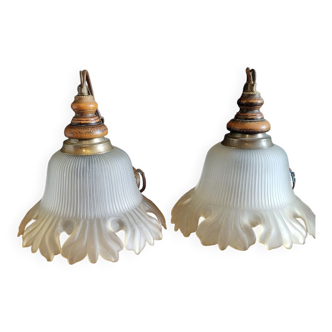 Pair of  vintage tulip opaline frosted hanging lamps