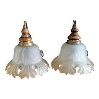 Paire de suspensions vintage tulipe opaline depoli