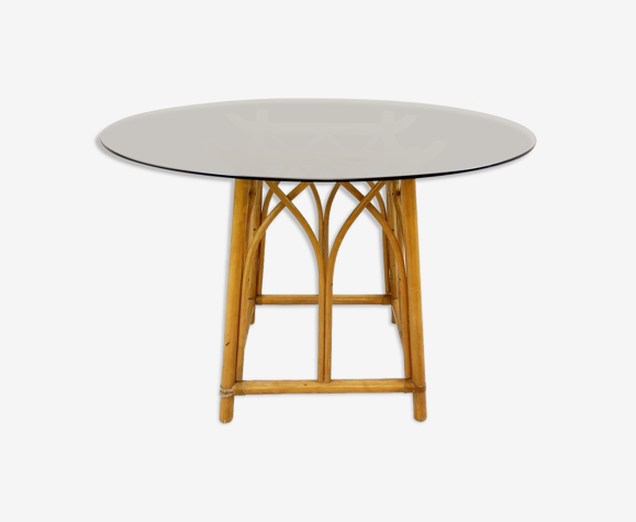 Table de salle à manger ronde en bambou avec plateau en verre fumé 1970s