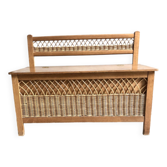 Wooden and rattan chest/bench