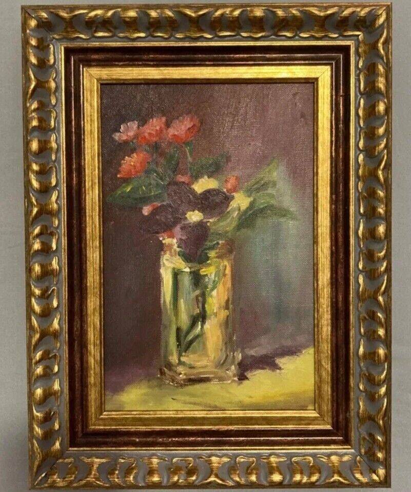 Ancient Oil Painting Still Life Flower Bouquet 20th Century