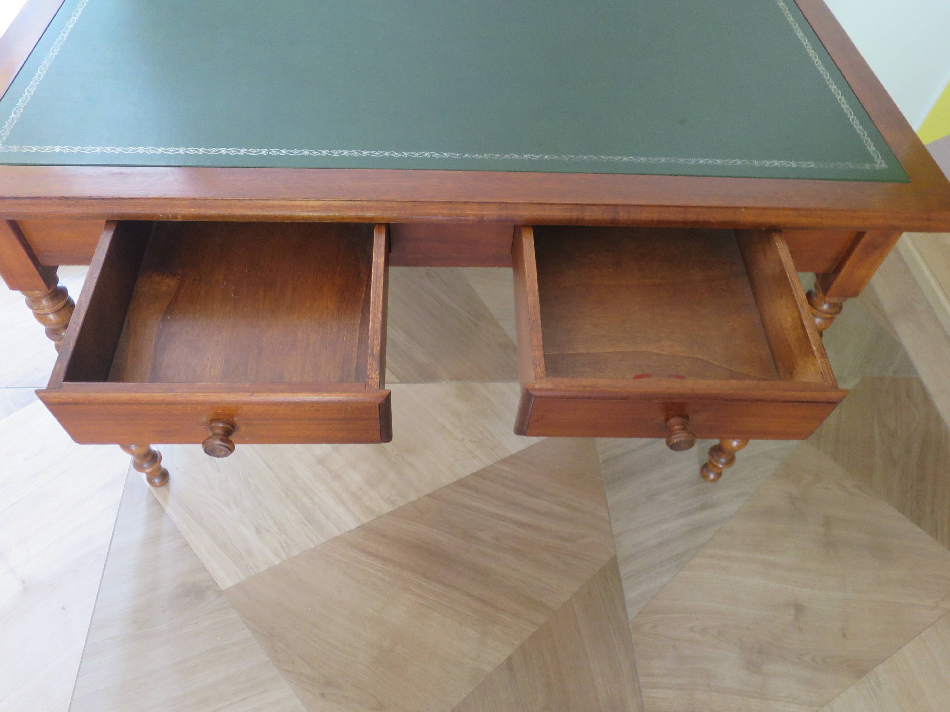 Minister's desk in Louis Philippe style – 2 drawers – cherry wood – green writing pad