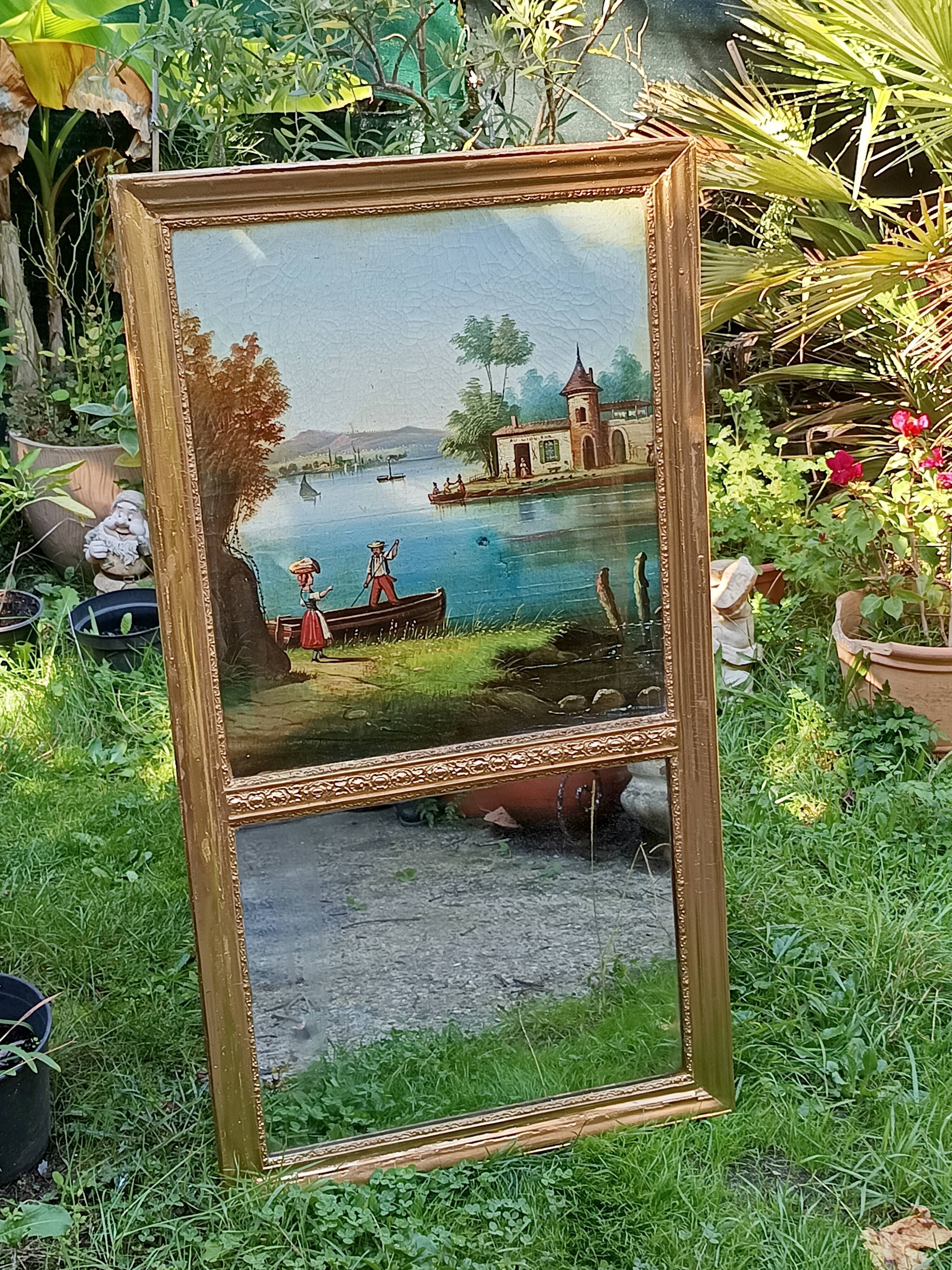 Antique trumeau with romantic decor, oil on canvas, mirror, late 19th and early 20th century