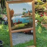 Antique trumeau with romantic decor, oil on canvas, mirror, late 19th and early 20th century