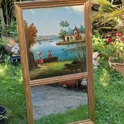 Antique trumeau with romantic decor, oil on canvas, mirror, late 19th and early 20th century