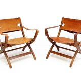 Two 1950s Danish Safari Chairs In Oak & Hide Leather by Poul Hundevad
