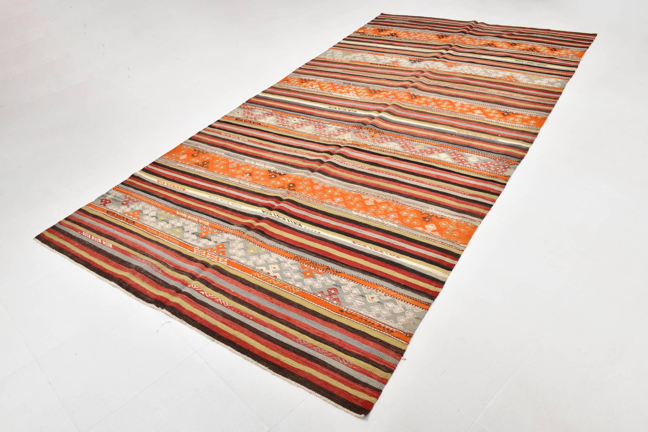 6x11 Peach Color Striped Kilim Rug, Antique Wool Kilim Rug, 165x326