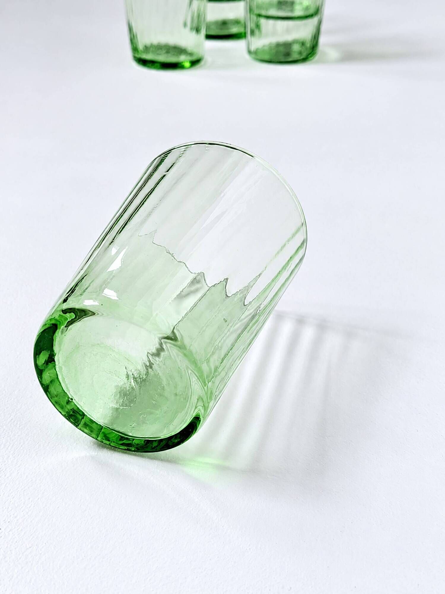 Set of 6 antique green blown glass goblets with fine fluting.