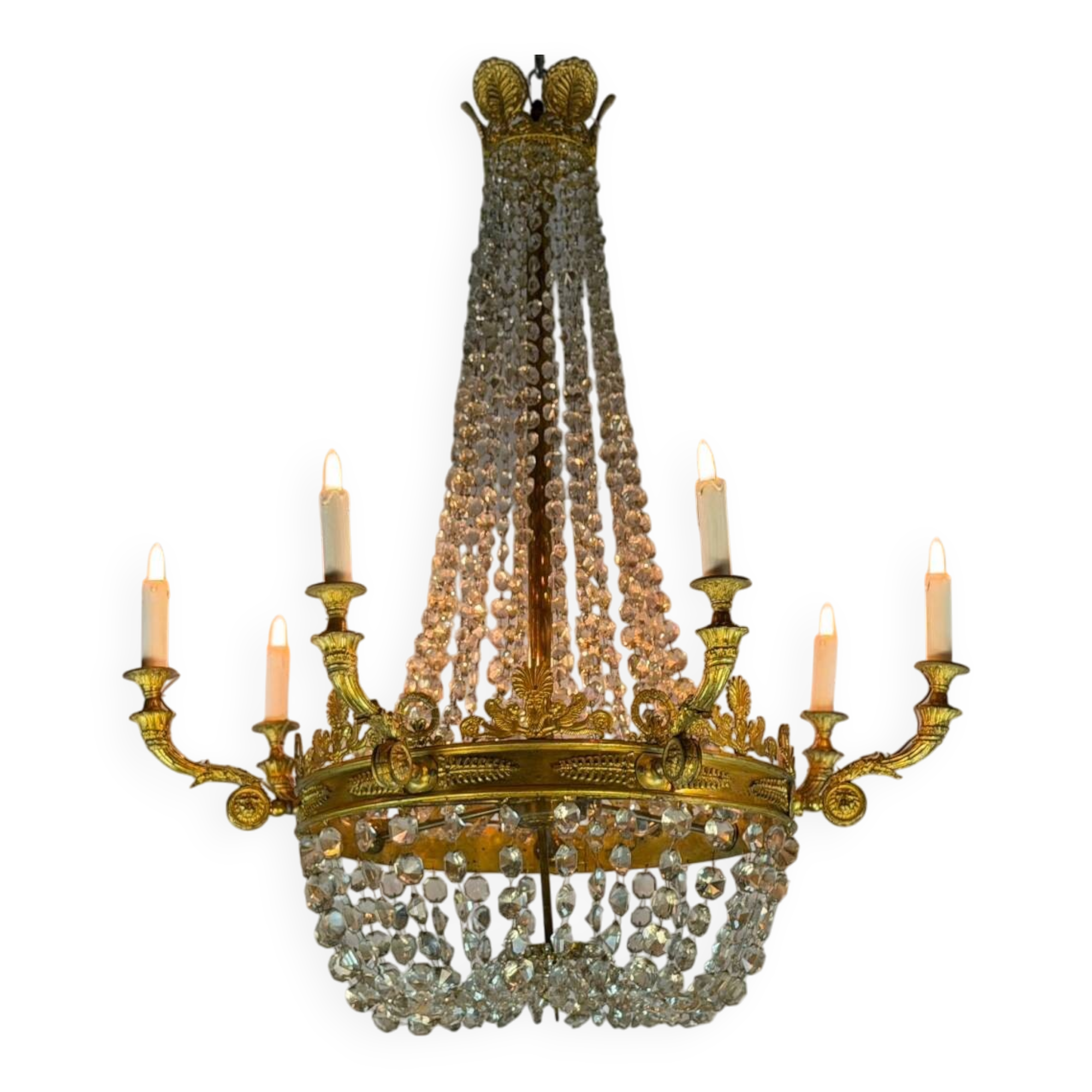Empire style lustre with pearl beads in gilded bronze, circa 1880.
