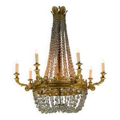 Lustre sac de perles de style Empire en bronze doré, vers 1880