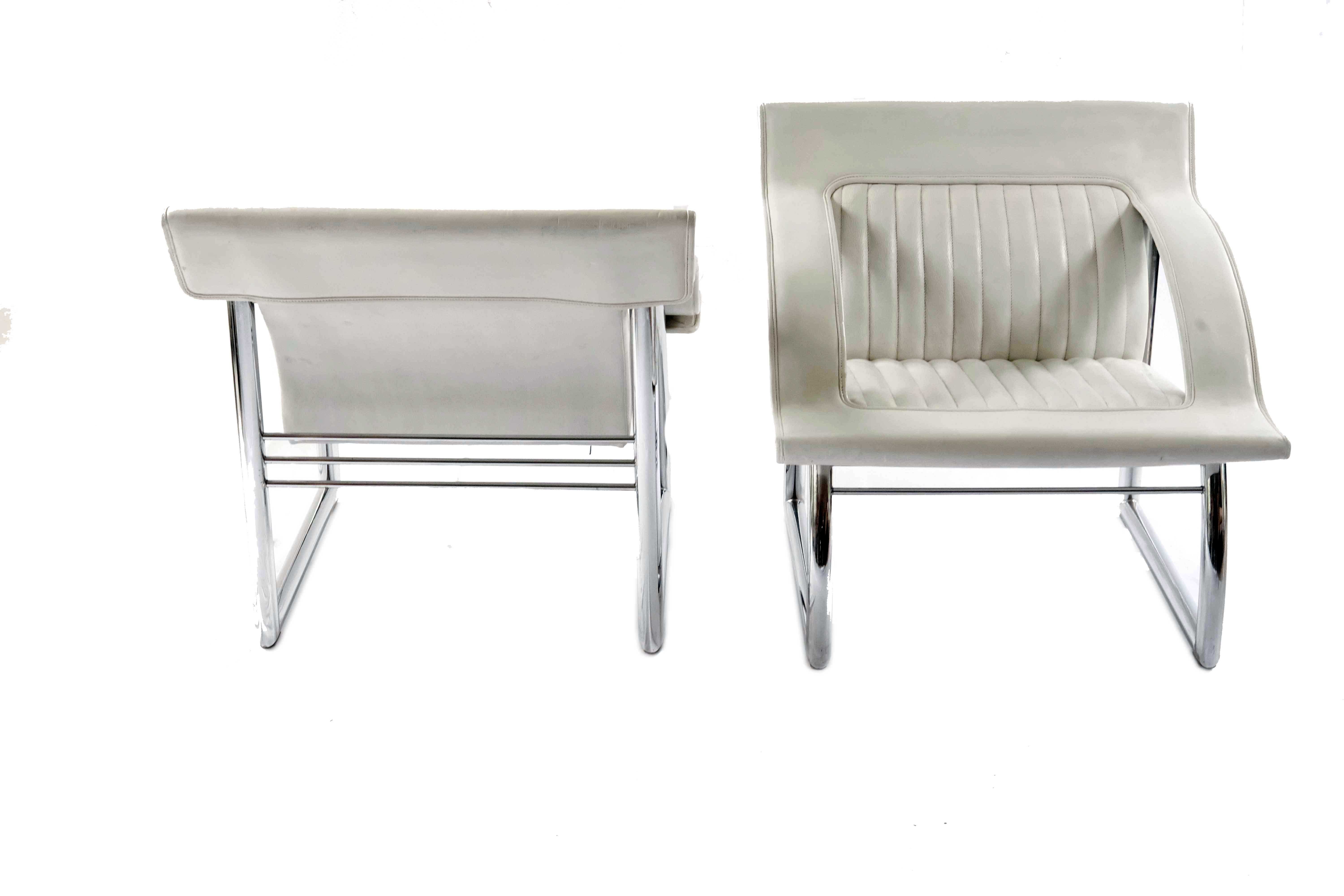 Pair of De Sede Armchairs in White Leather and Steel, Switzerland 1970's