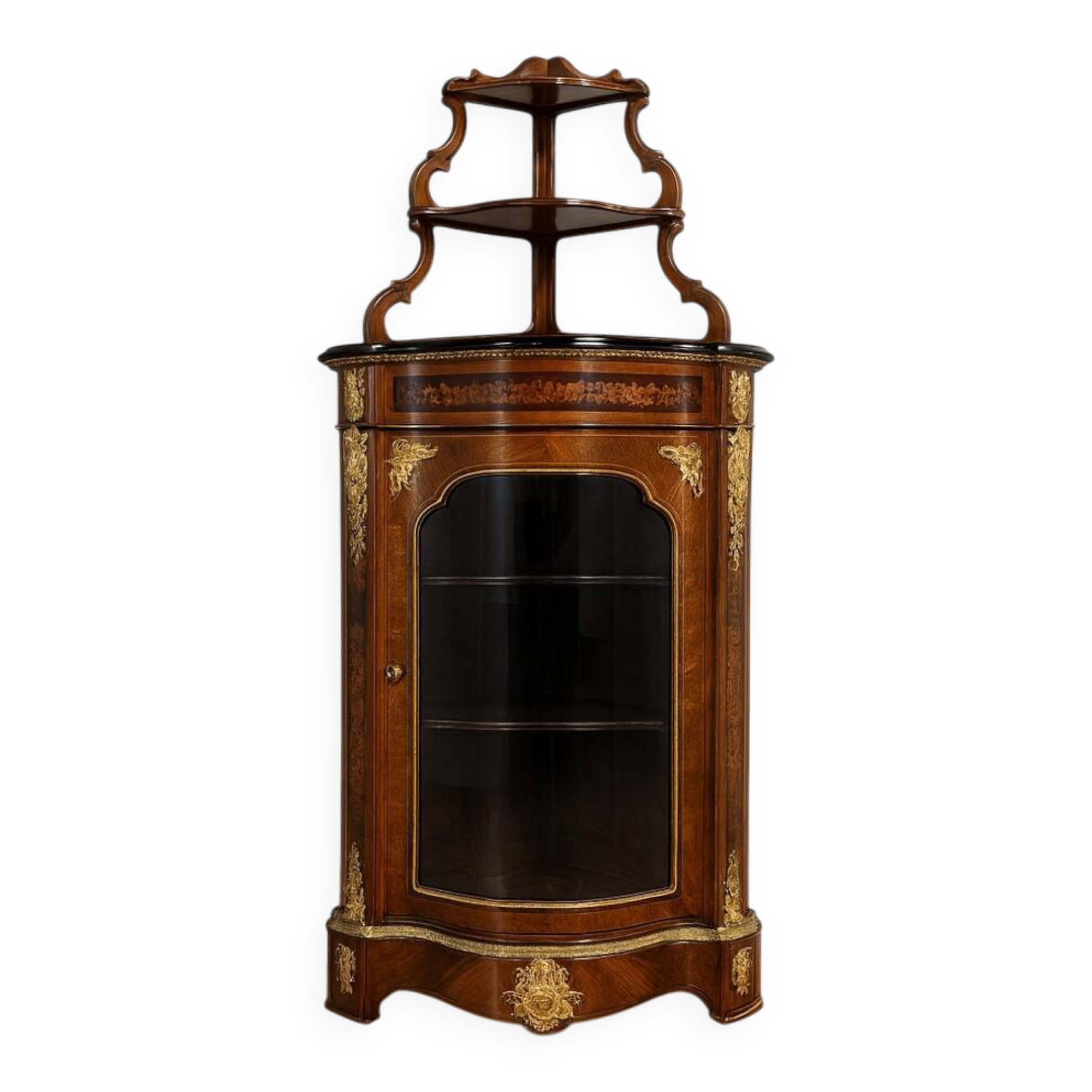 Encoignure galbée style Louis XIV en bois de rose et marquéterie