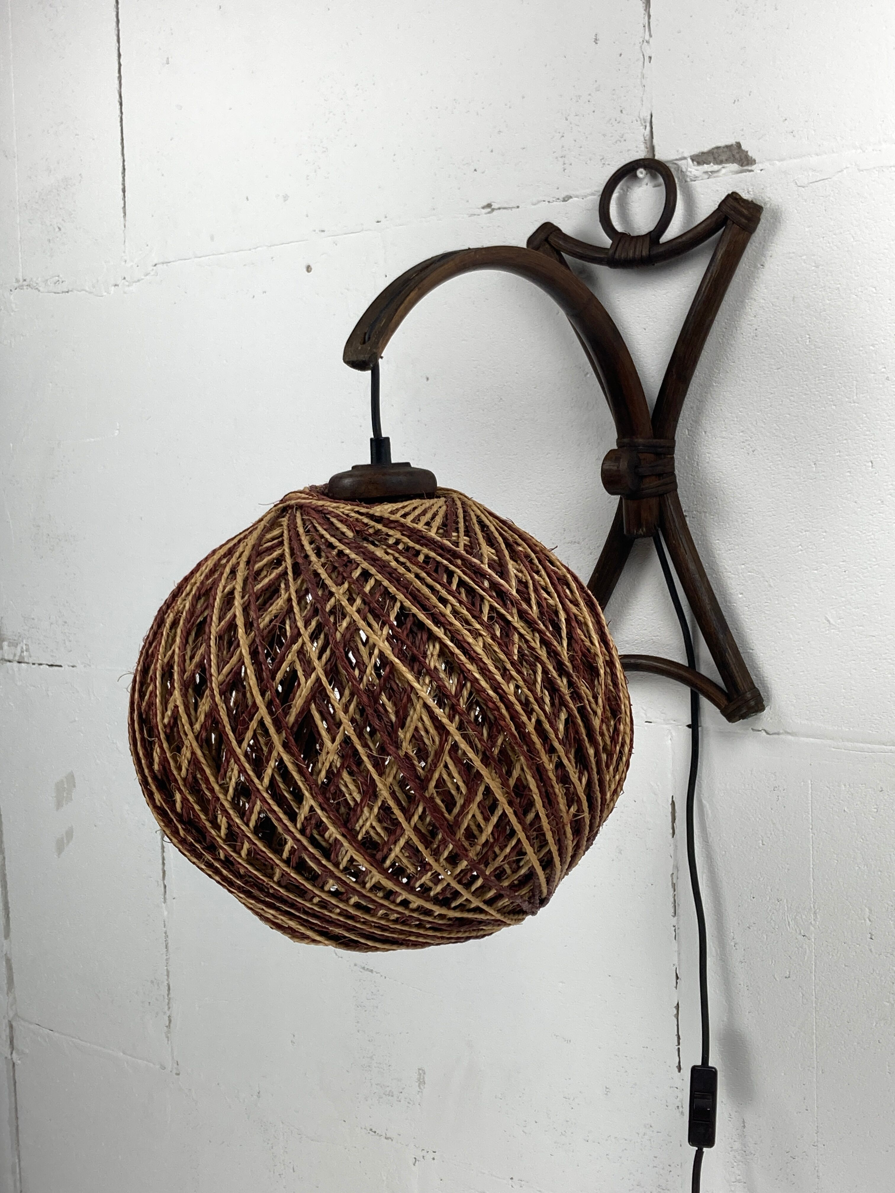 Rattan bamboo and rope sisal wall lamp, Dutch 1960s