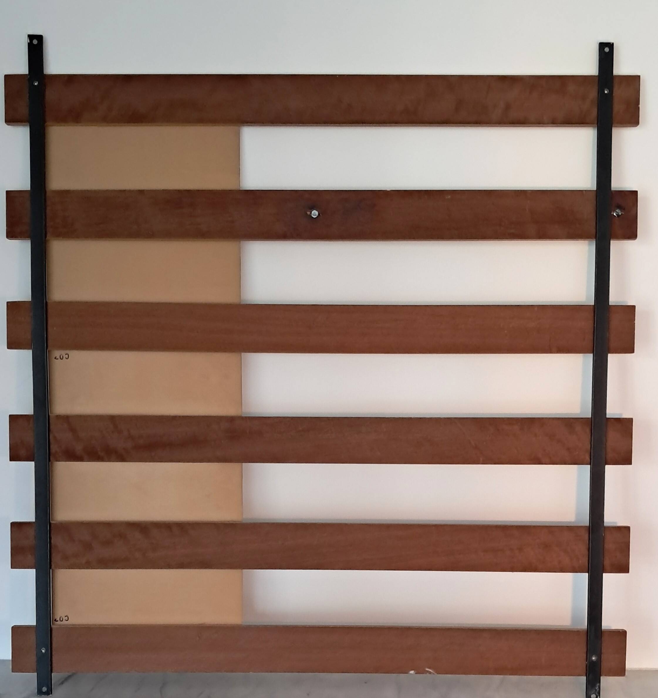 Vintage teak wall coat rack with 5 hooks and mirror.