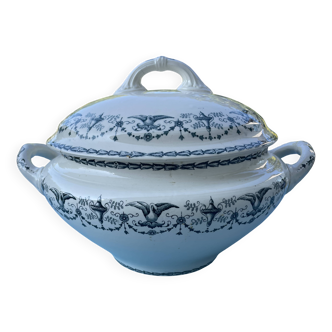 Round soup tureen, Primerose model, birds, half porcelain, Badonviller