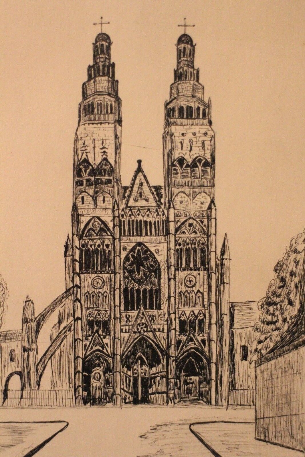 Pen drawing ink cathedral of Tours dated signed Talbot