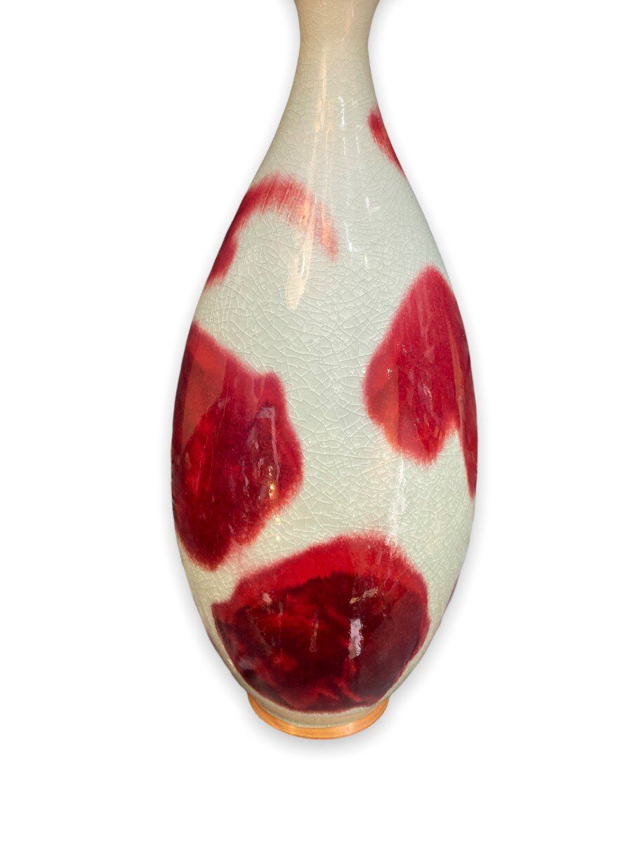 Large baluster vase in Chinese cracked ceramic Pigeon blood and celadon
