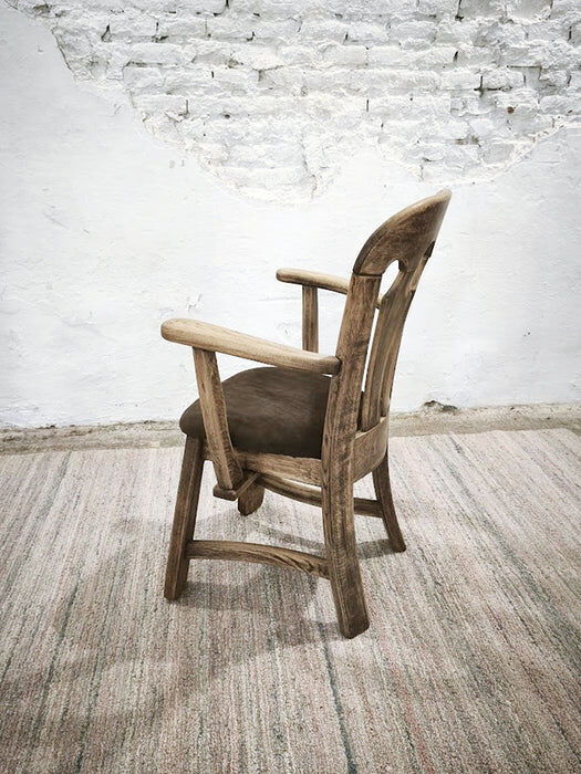 Dutch brutalist solid oak armchair with reupholstered leather seat, 1970s