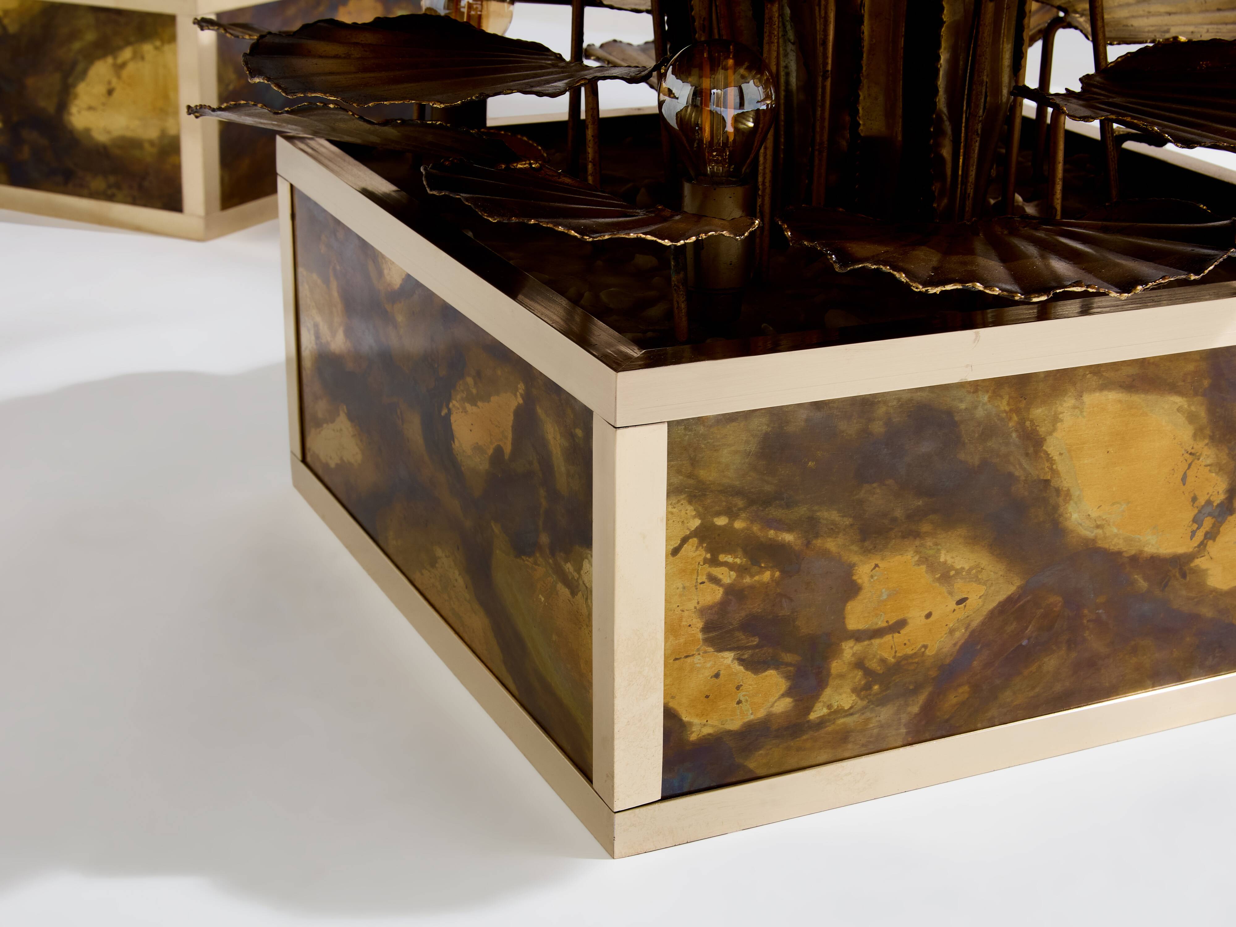 Pair of Maison Jansen brass floor lamps with reeds and water lilies, 1970s