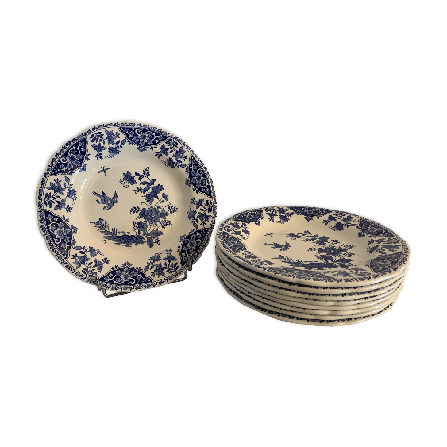 9 assiettes creuses en faïence bleue et blanche de Gien, 1960