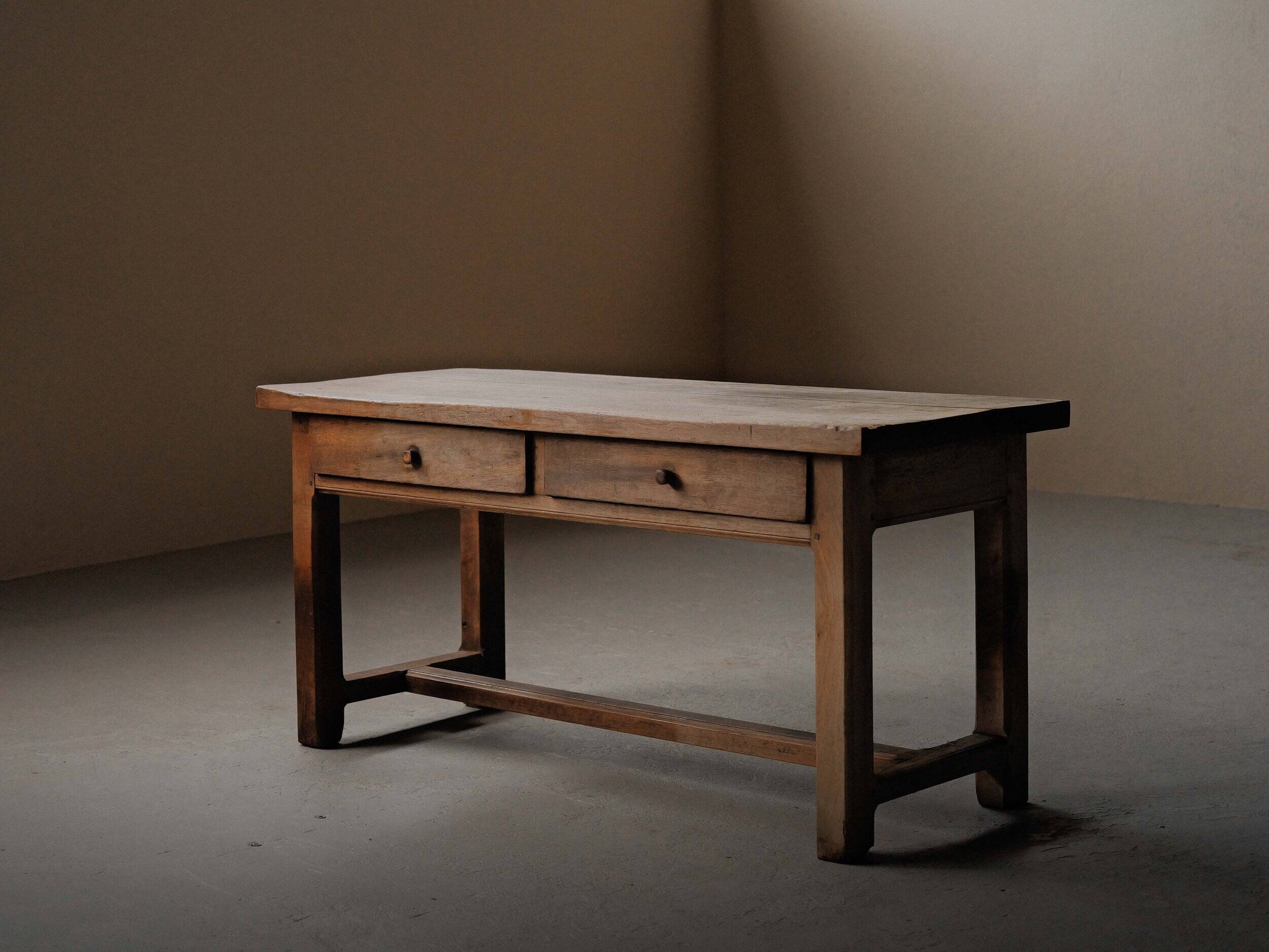 Antique work table/console in solid oak, Auvergne, circa 1900