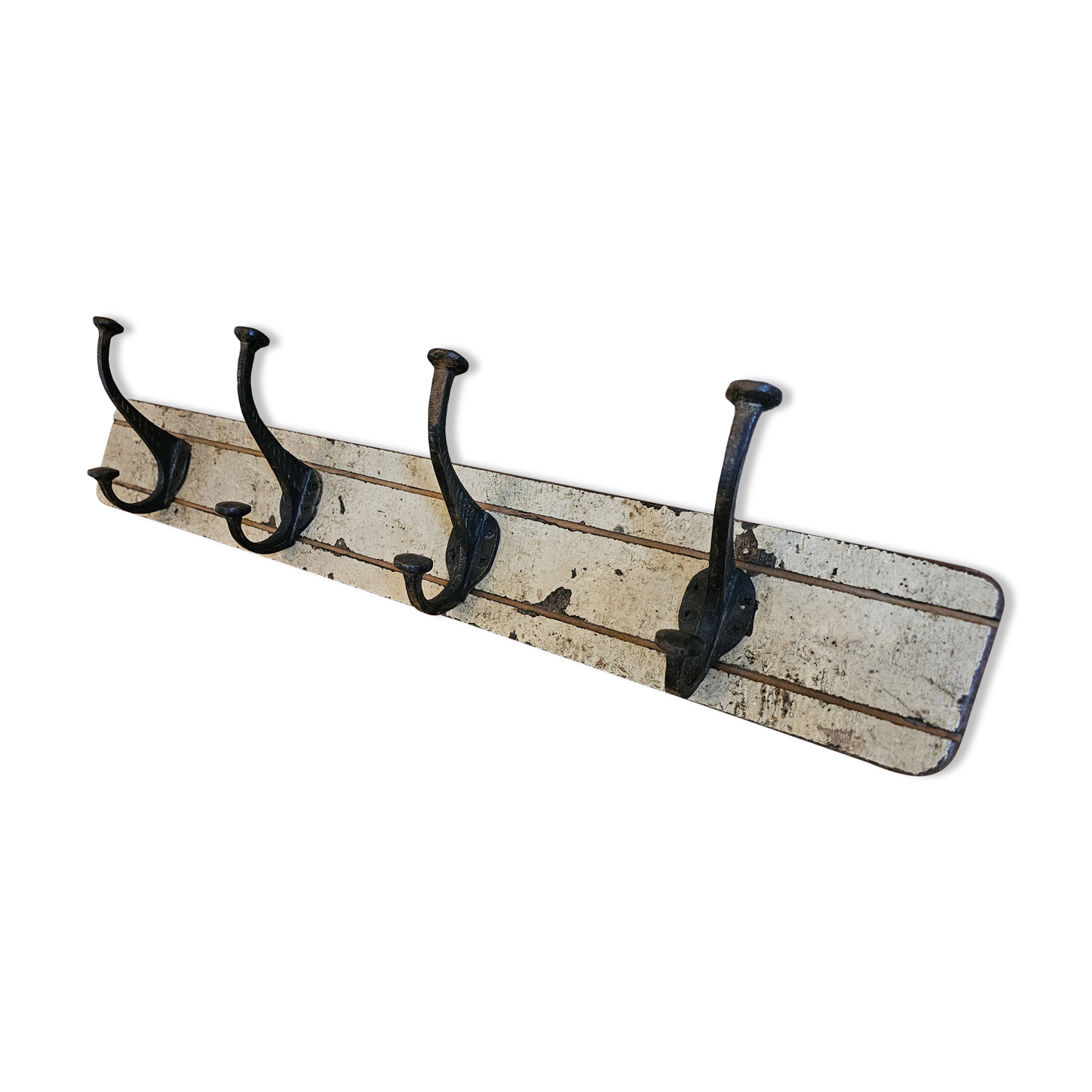 Solid teak coat hook with 4 double cast iron hooks