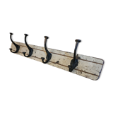 Solid teak coat hook with 4 double cast iron hooks