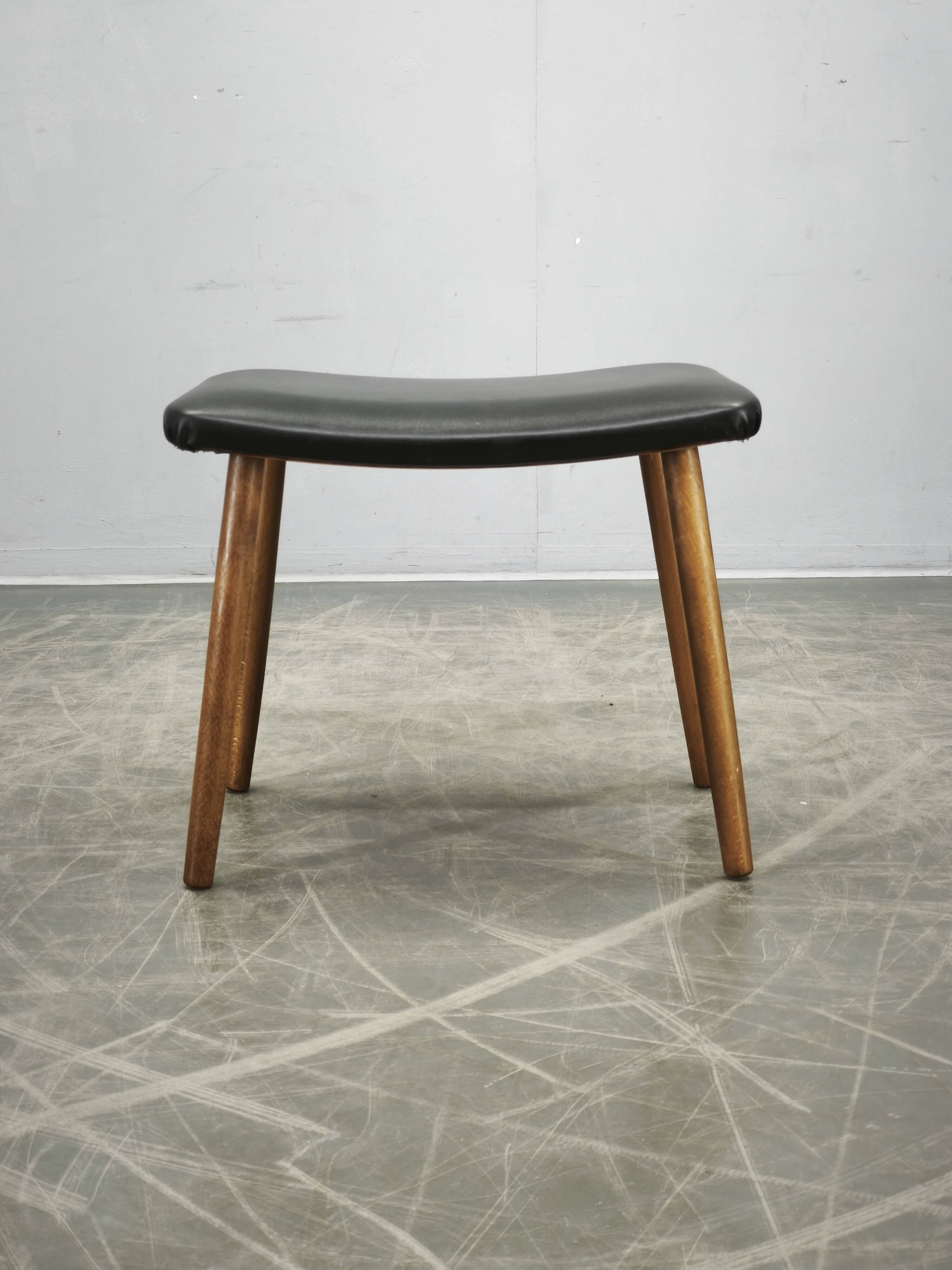 Danish Modern Beech Footstool with Black Vinyl Seat, 1960s