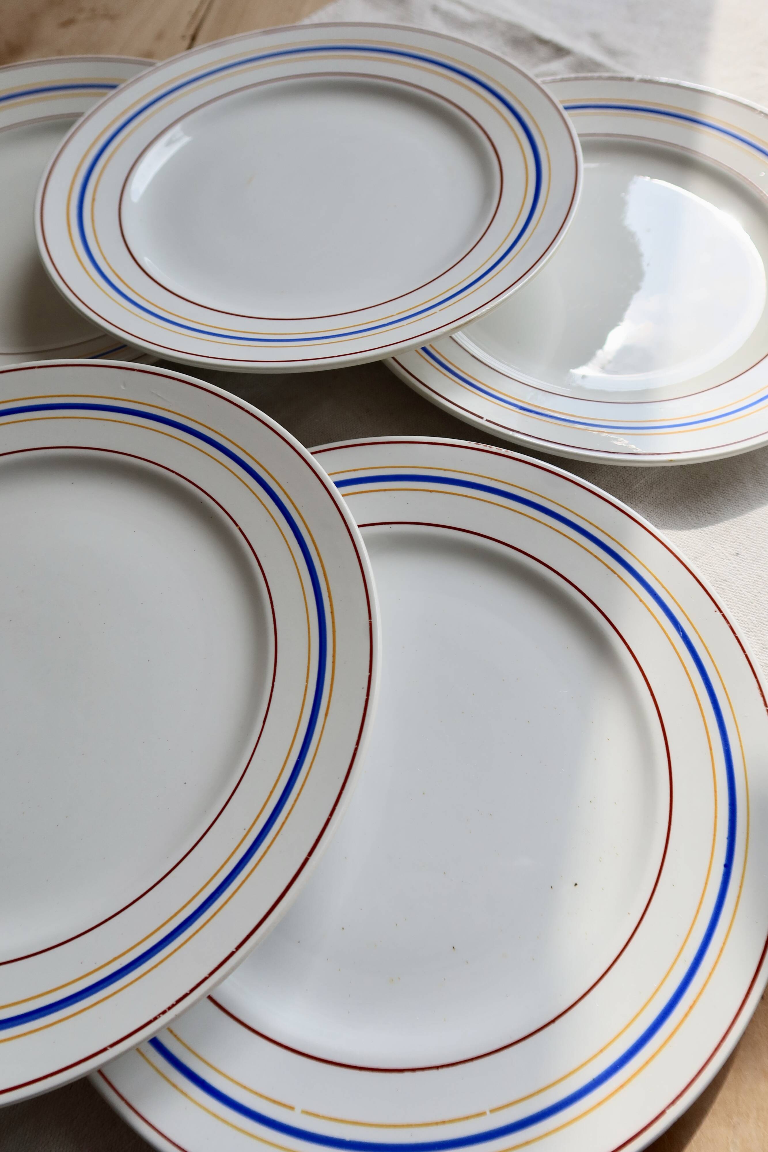 Vintage flat plates Céranord Saint-Amand red, blue, yellow stripes