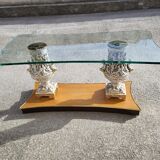 Coffee table italian coffee top glass base wood jambs porcelain