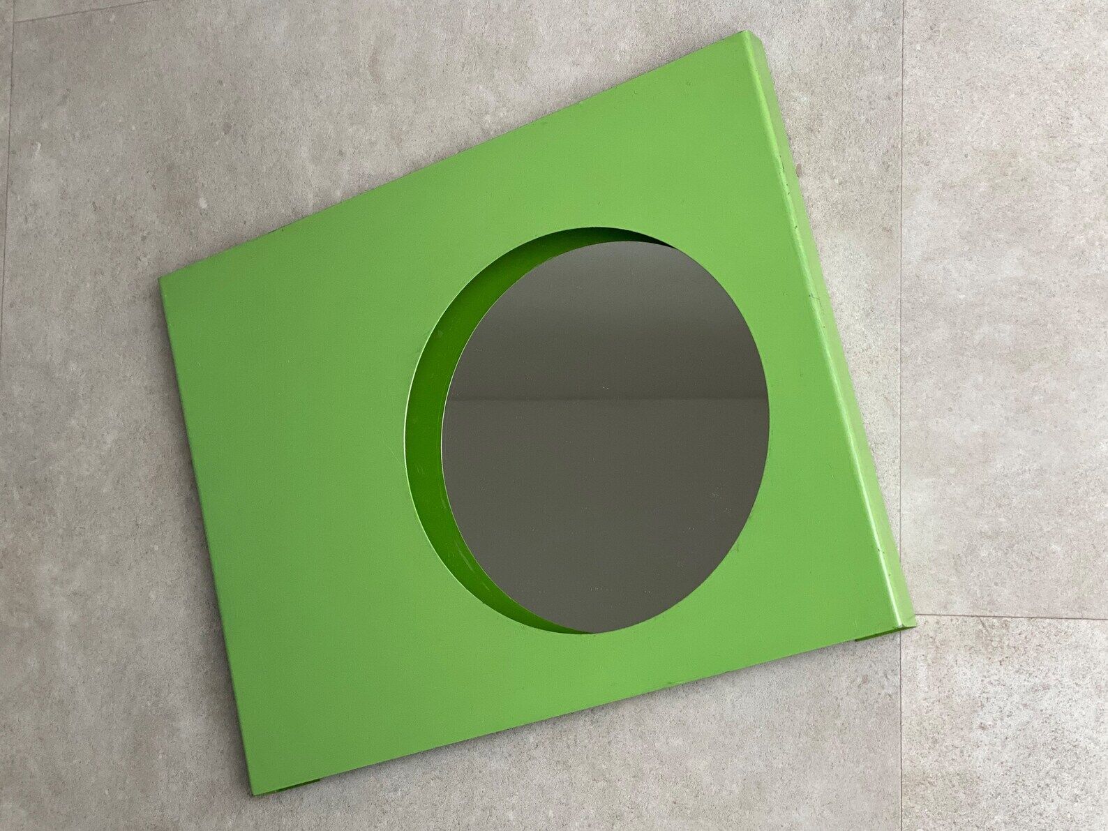 Vintage green metal wall mirror, rectangular, Mid Century decor