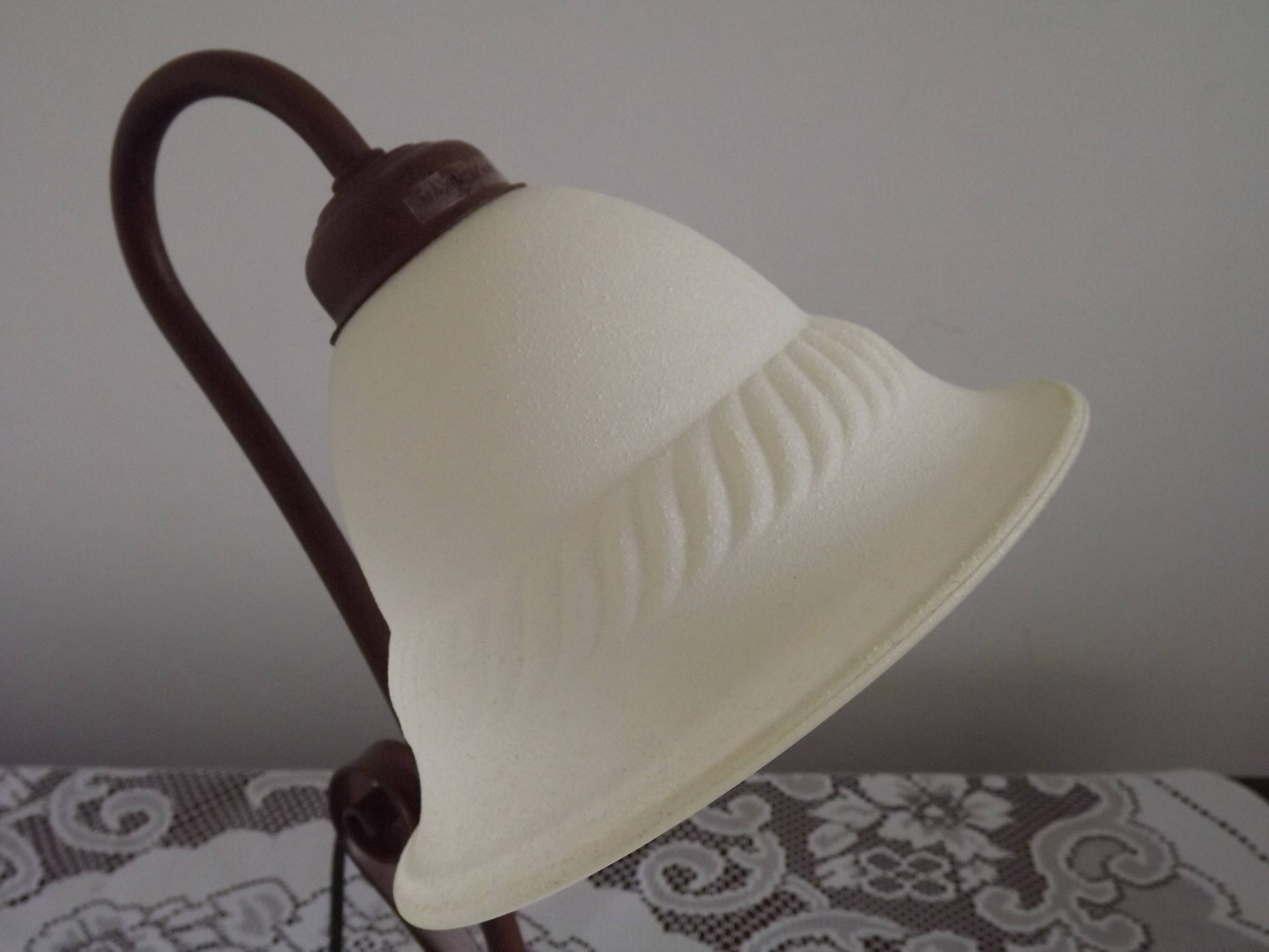 Vintage French Brown Metal Goose Neck Lamp With Textured Glass Shade