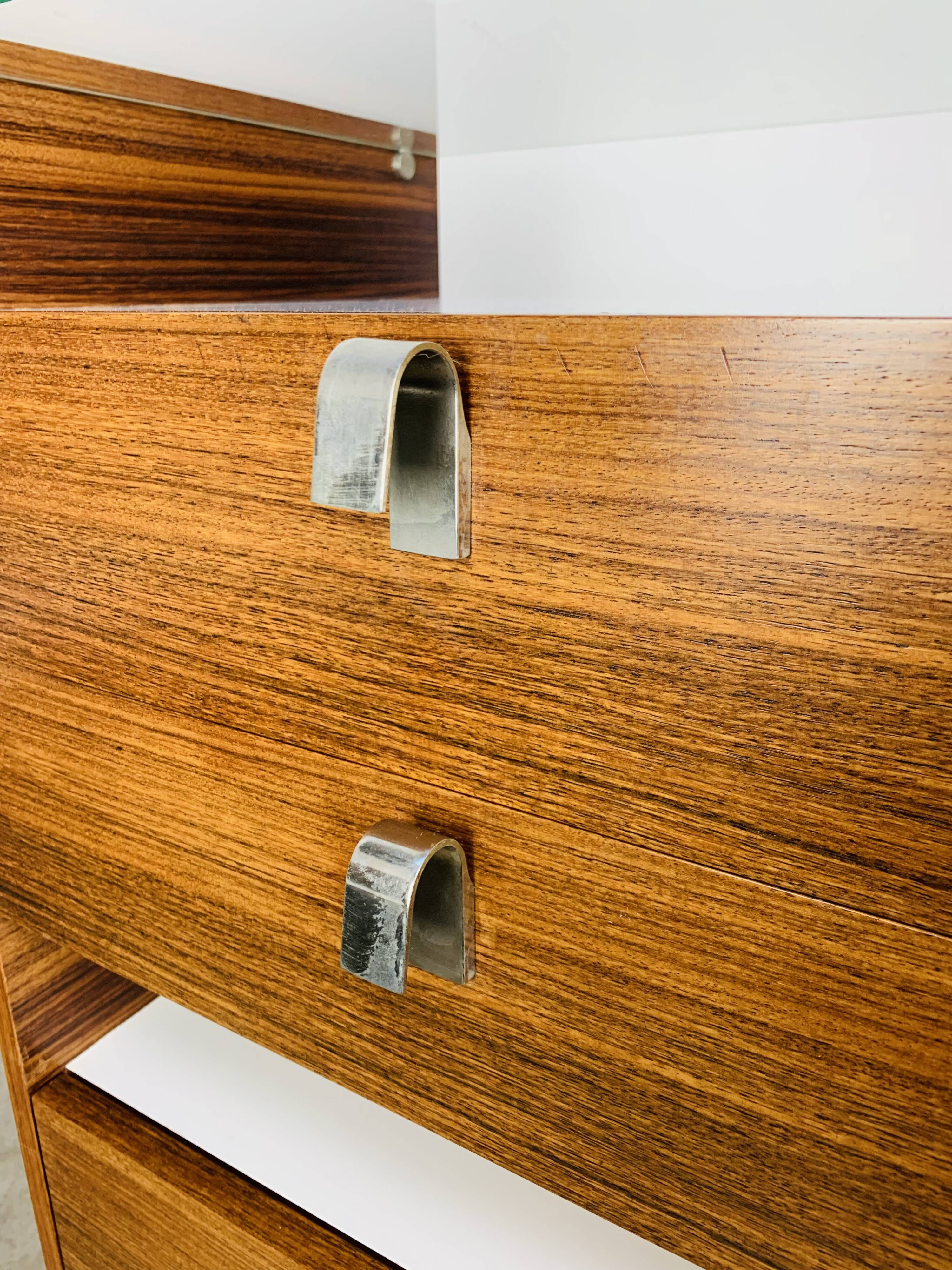 Rosewood and glass chest of drawers, 1960s, Scandinavian storage furniture.