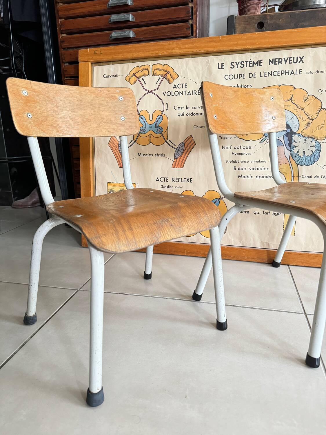 Pair of children's school chairs in wood and metal