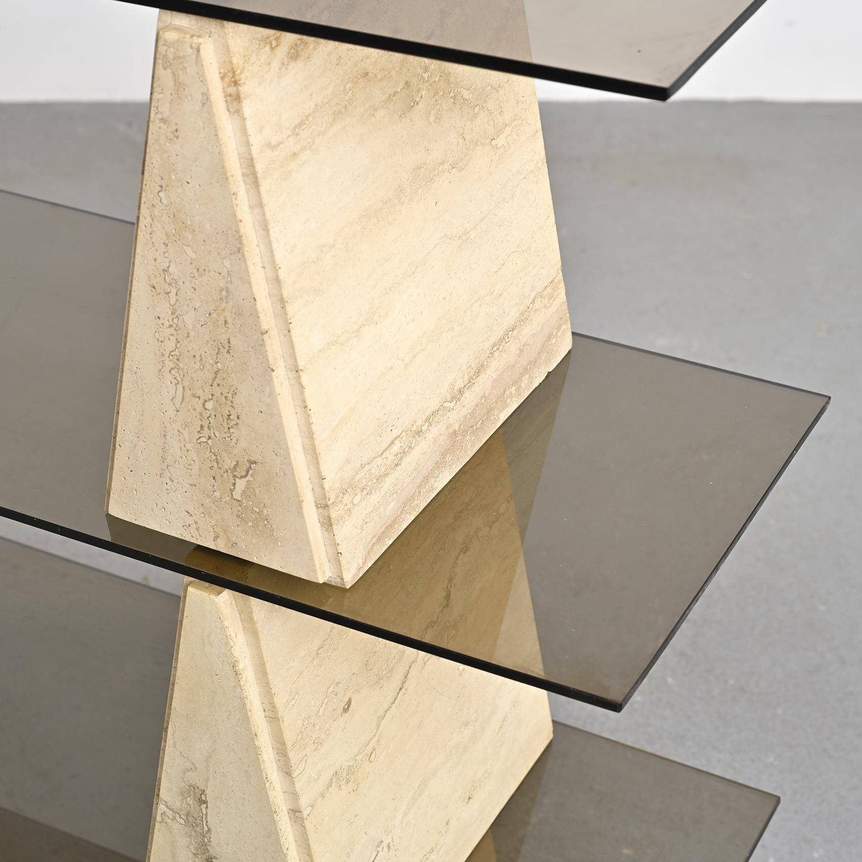 Travertine and smoked glass bookcase, Italy, circa 1970
