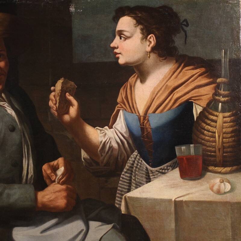 Antique Lombard painting from the 17th century, interior scene