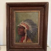 Old oil painting on panel of a Native American chief from the 19th century Wild West.