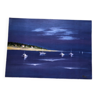 Impression d'art d'une marine du peintre valzi, barques côte d'azur provence lithographie gravure xx