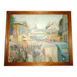 Impressionist painting oil on cardboard signed Pierre Villain walking scene