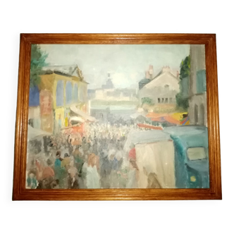 Impressionist painting oil on cardboard sign stone villain walking scene